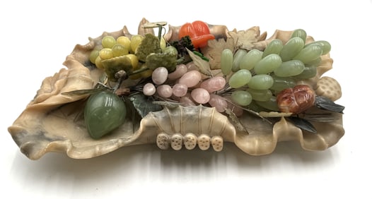 Chinese Hand Carved Gemstone Fruits on Hardstone Bowl