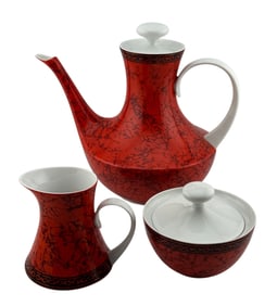 Vtg Block Bidasoa Flamenco Tea Pot, lidded Sugar Bowl and Creamer
