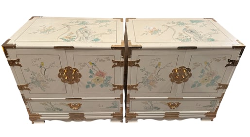 Pair of Chinese Cream Lacquered Hand Painted Nightstands with Gold Accents