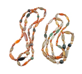 Two Long Multi Colored Agate Bloodstone and Carnelian Beads Necklace