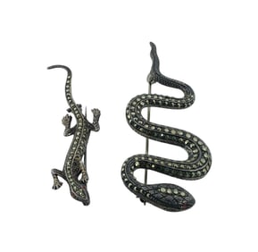 Two Sterling Silver Brooch of Salamander and Snake decorated with Marcasites