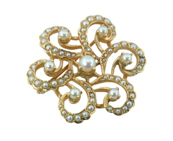Vintage Art Nouveau 14K Spiral Flower and Seed Pearl Brooch