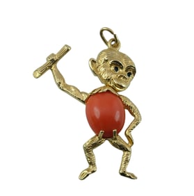 18Kt Gold And Coral Charm Featuring a Monkey Figure