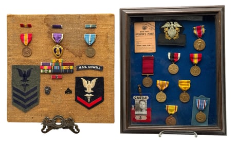 Collection WWII US Navy Patches, Pins and Medals including Purple Heart
