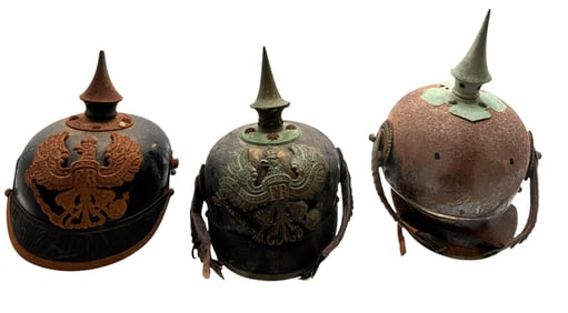 LOT OF 3 WWI IMPERIAL GERMAN PICKELHAUBE MODEL 1915 SPIKE HELMET