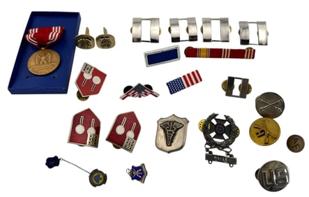 Group of Vintage Military Medals and Pins including Sterling Silver