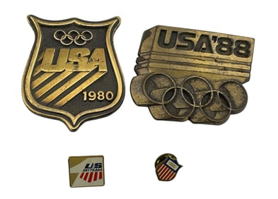 Group of Vintage Olympic Belt Buckles and Pins