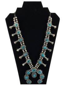 Native American Old Pawn Squash Blossom Turquoise Sterling Silver Necklace