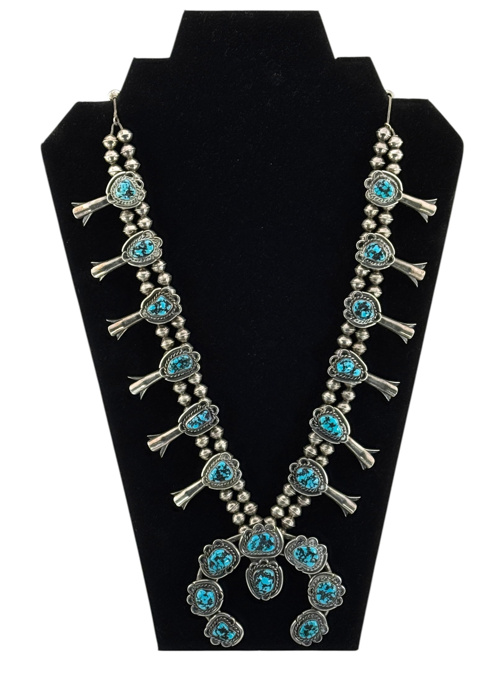 Native American Old Pawn Squash Blossom Turquoise Sterling Silver Necklace (1 of 5)