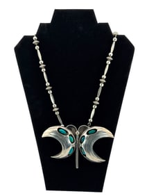 Native American Butterfly Sterling Silver and Turquoise Squash Blossom Necklace Signed