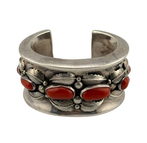Heavy Native American Navajo Sterling Silver and Coral Cuff Bracelet Signed