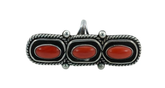 Vintage Navajo Sterling Silver Ring with Three Coral Cabochons