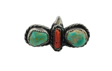 Vintage Native American Sterling Silver with Turquoise and Coral Ring