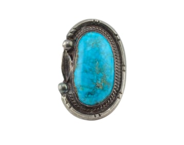 Native American Sterling Silver Ring with Blue-Green Color Turquoise Stone.