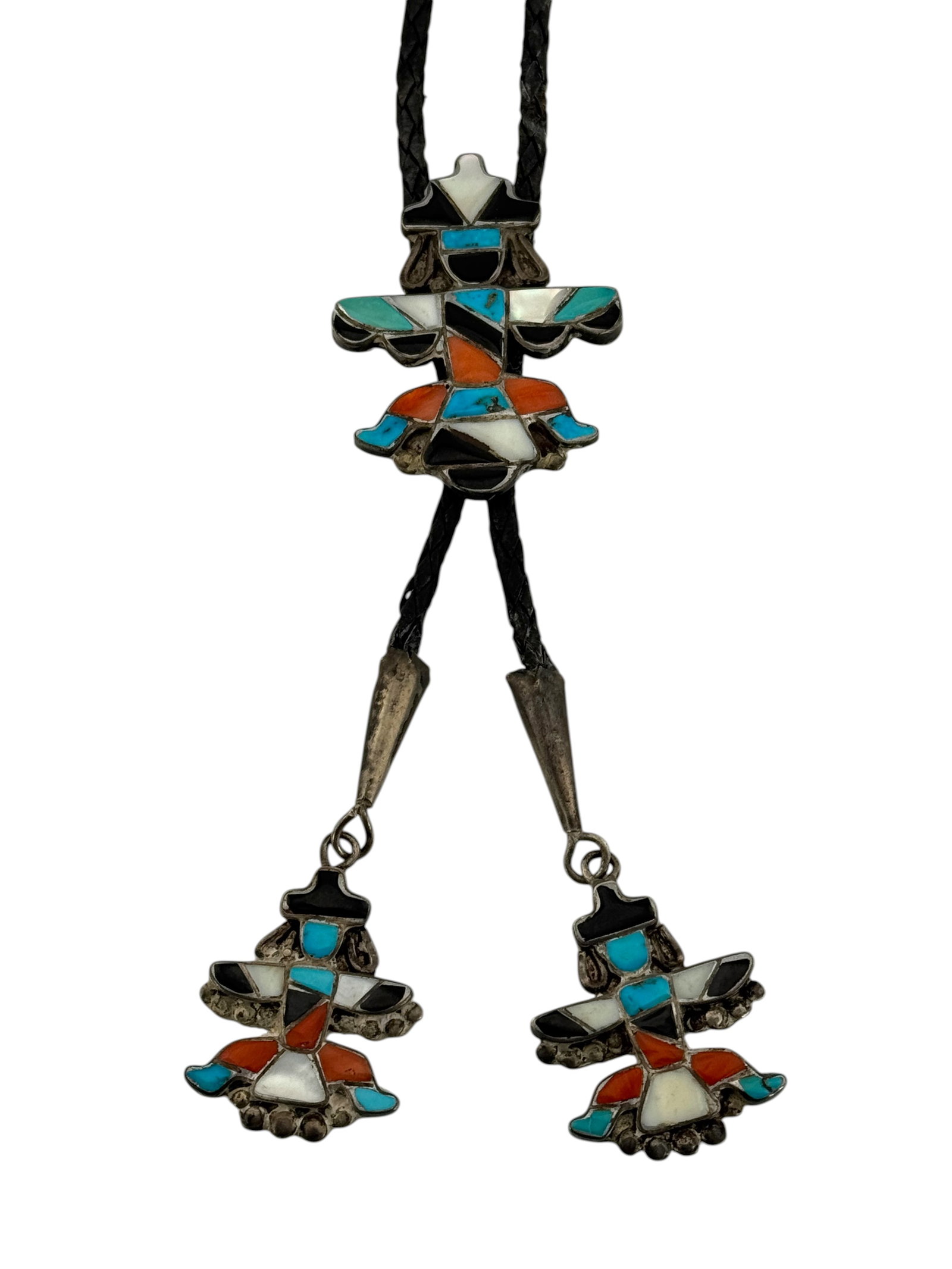 Native American Zuni Turquoise Coral Jet Sterling Silver Knifewing Bolo Tie: Native American Zuni Turquoise Coral Jet Sterling Silver Knifewing Bolo Tie. Tie length is 36 inches and weight 36 grams. J/m