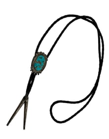 Vintage Native American Bolo Tie featuring a Turquoise Stone Set in Sterling Silver