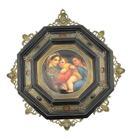 Antique Wooden and Bronze Framed Porcelain "Madonna and Child with John the Baptist"