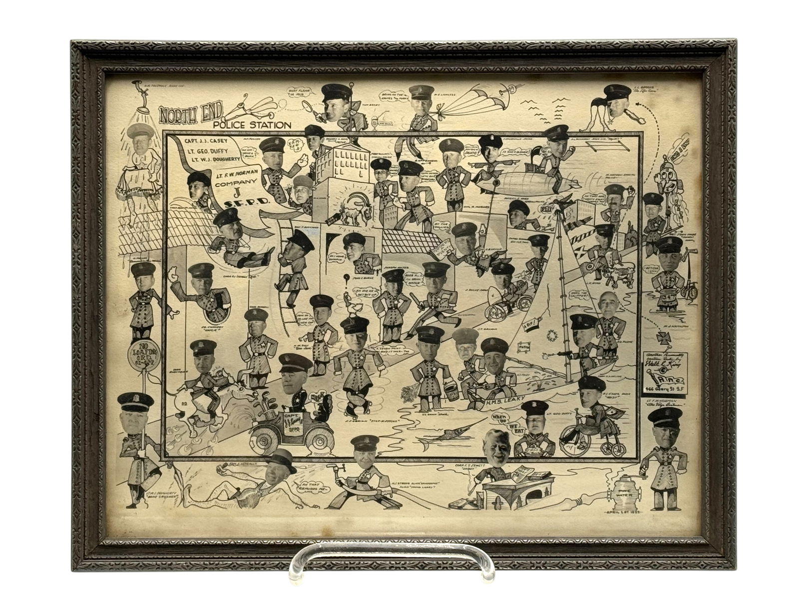 1935 Framed Caricature print of the North End Police Station In San Francisco (1 of 4)