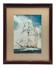 Framed Watercolor Painting of a Sailing Ship Signed.