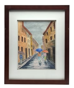 Framed Watercolor Painting of a Rainy Street Scene Signed