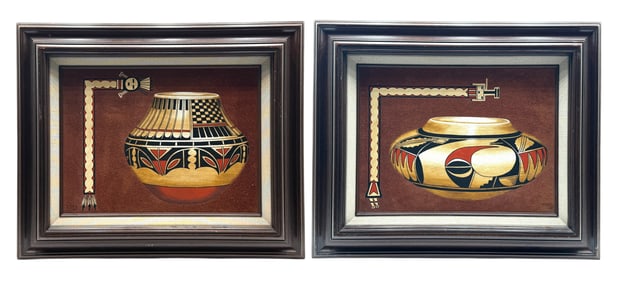Erv Johnson Two Native American Paintings on Suede Leather of Pottery