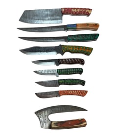 Group of Hand Damascus Steel Knives with Sheath