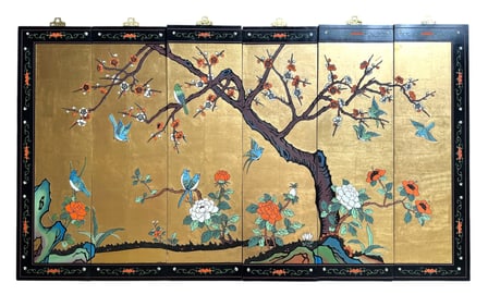 Vintage Oriental Coromandel Chinoiserie Gold Six Panel Screen Floral and Birds