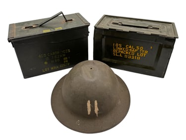 WWII Helmet and Army Green Ammo Magazine Boxes for M80 and Cal. 50