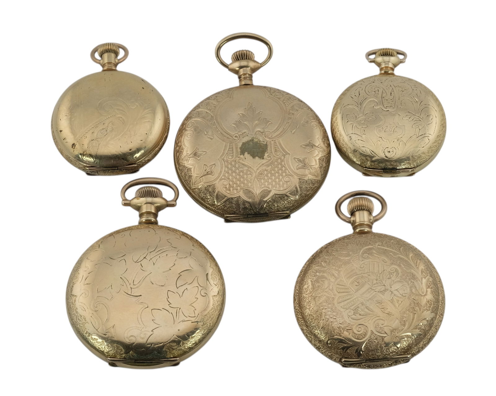 Collection of 5 Hunter Case Gold Filled Pocket Watches: Collection of 5 Hunter Case Gold Filled Pocket Watches. Include 2 Walthams, A.F Hoffman, and 2 Elgins. Largest is 45mm. J/M