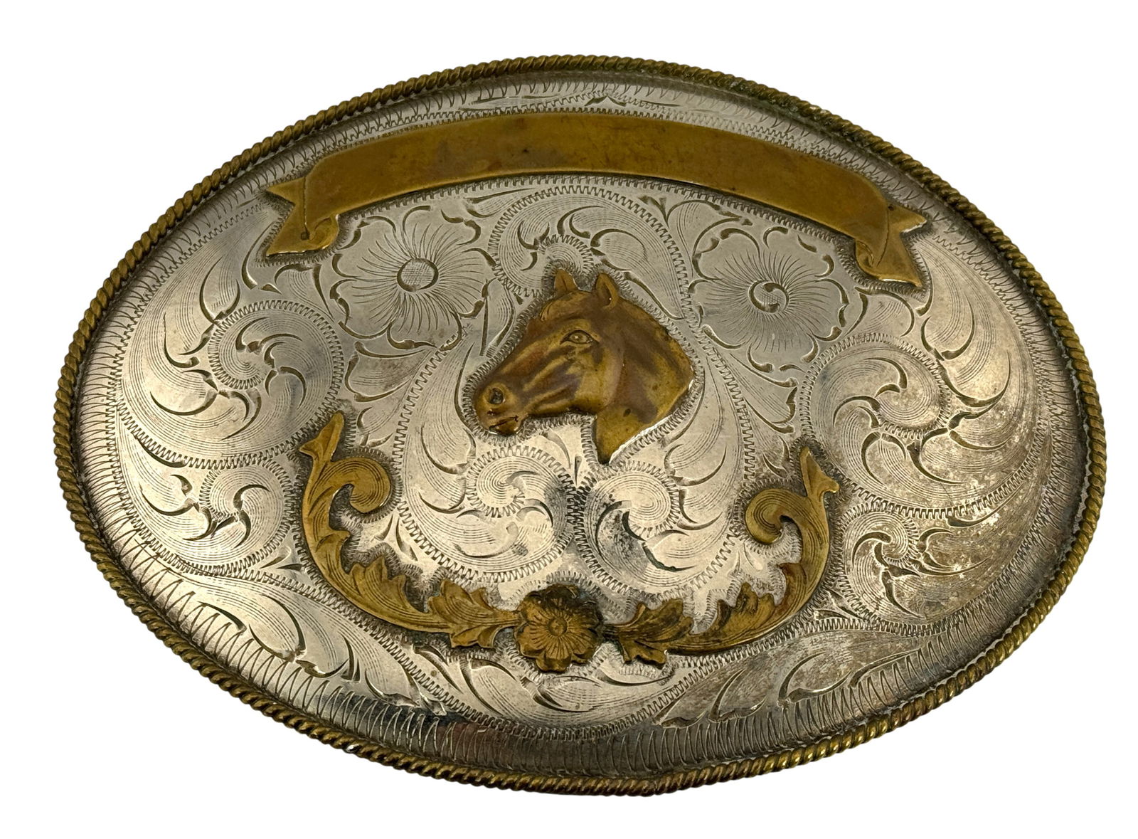 Vintage 1960's Brass Silver Western Belt Buckle: Vintage 1960's Brass Silver Western Belt Buckle. Size 5" x 7"