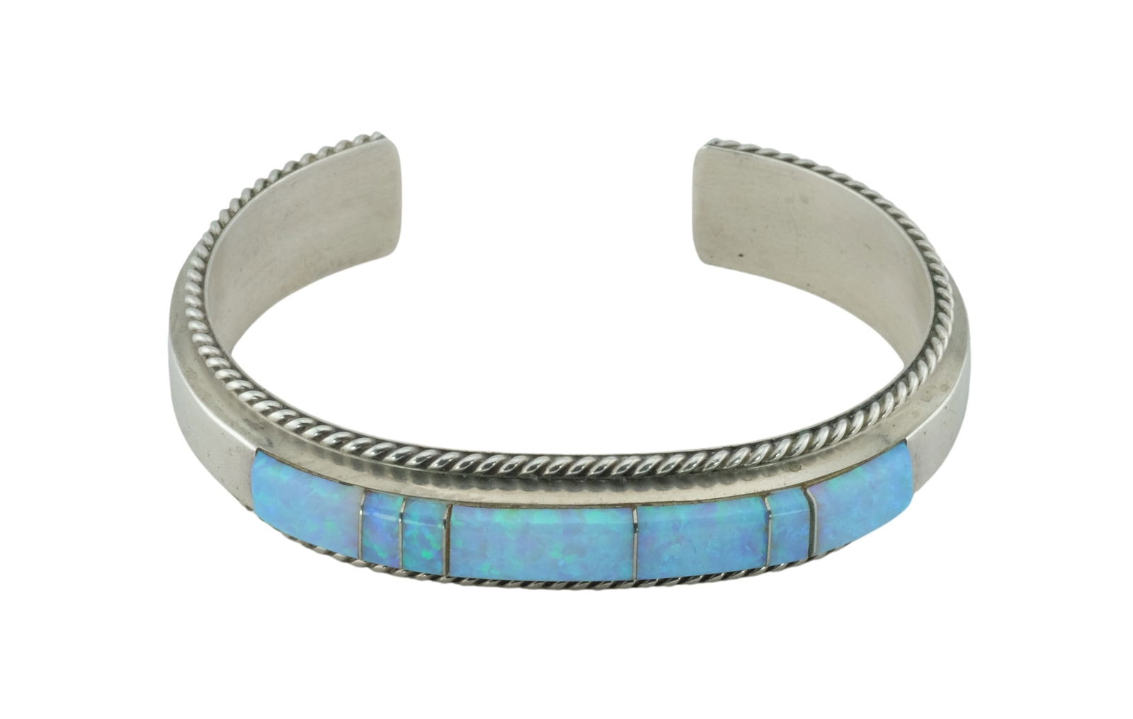 Native American Sterling Silver Cuff Bracelet with Opal Inlay by Fracelita Yazzie: Native American Sterling Silver Cuff Bracelet with Opal Inlay by Fracelita Yazzie. Bracelet size 6" and weight 26.1 grams