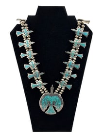 Navajo Sterling Silver Turquoise Inlay Peyote Bird Squash Blossom Necklace