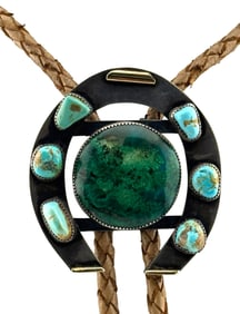 Native American Sterling Silver Turquoise with Gold Inlay Horse Shoe Bolo Tie