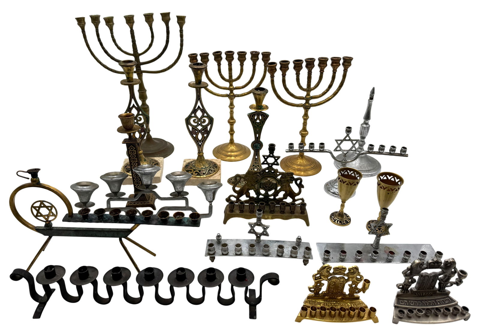 Collection of Assorted Judaica Hanukkah Menorah Candlesticks: Collection of Assorted Judaica Hanukkah Menorah Candlesticks. j/m