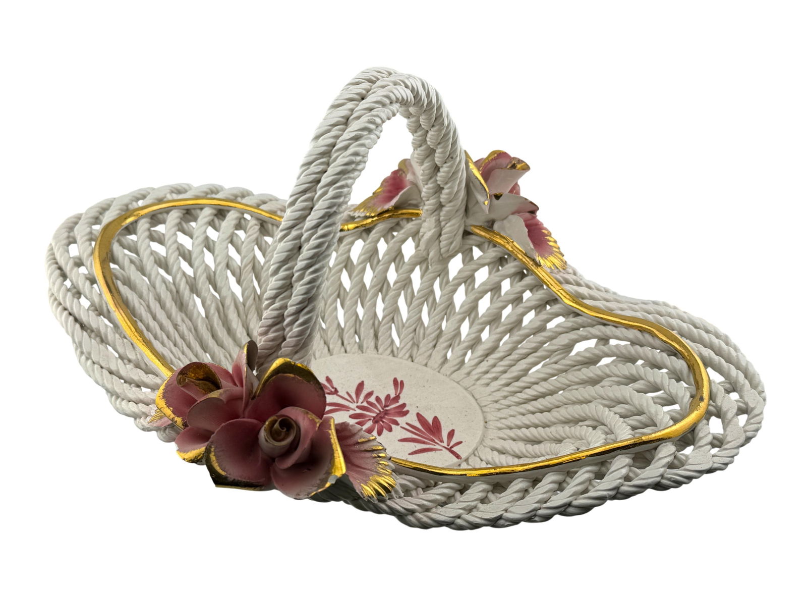Vintage Capodimonte Porcelain Basket with Roses Handmade in Italy: Vintage Capodimonte Porcelain Basket with Roses Handmade in Italy. 14.5" x 8" x 10"