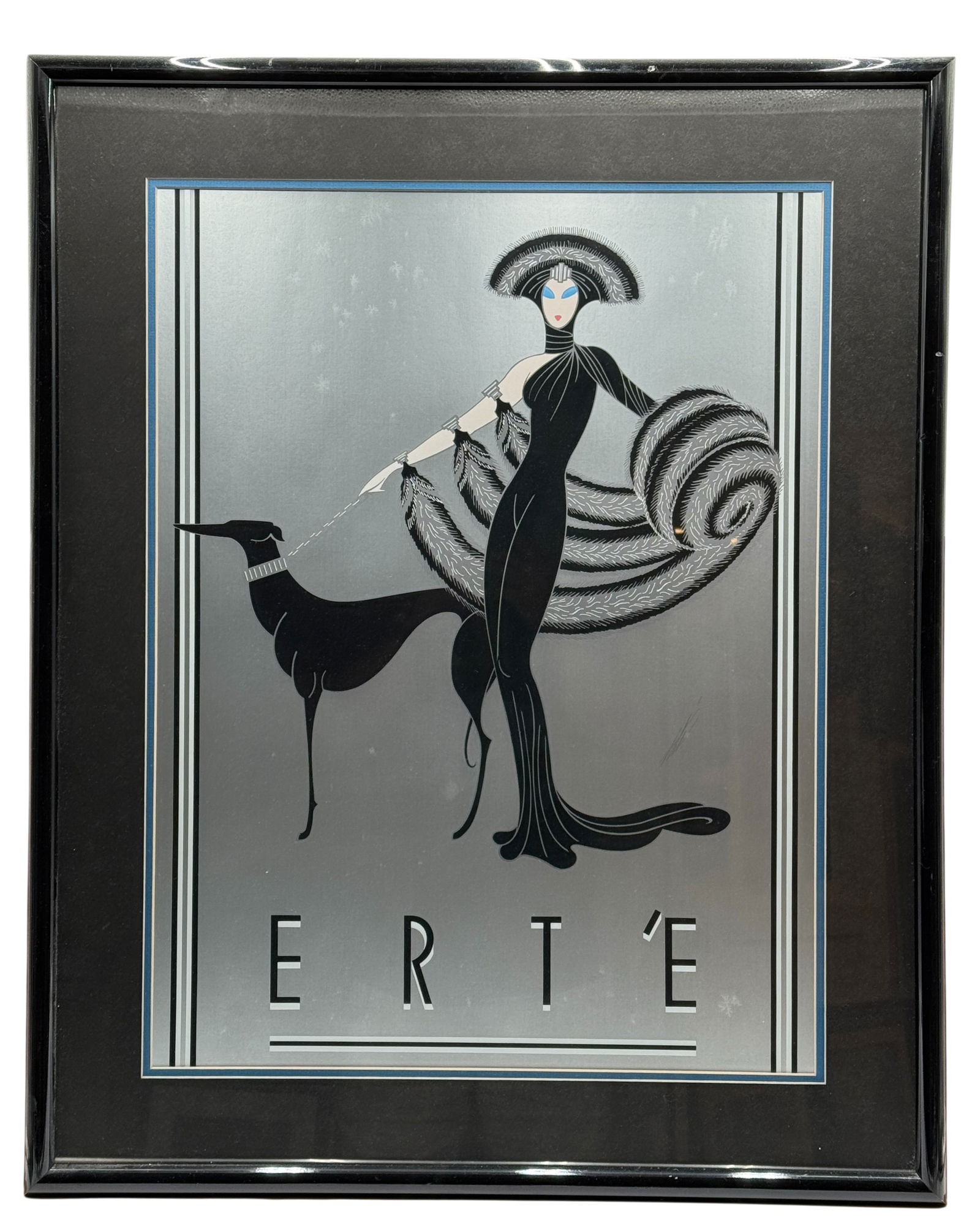 1980 Erte Symphony in Black Mirage Edition Serigraph: 1980 Erte signed silver foil coated serigraph of " Symphony in Black" by Mirage Editions, Santa Monica, California in association with Grosvenor Gallery, London, England. (signature is printed on seri