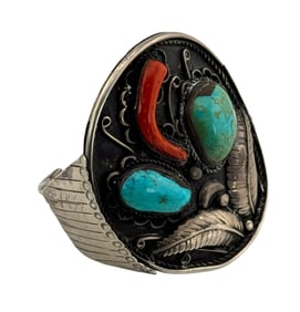 Navajo Sterling Silver Turquoise and Coral Cuff Bracelet