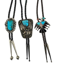 (Lot of 3) Native American Zuni and Navajo Sterling Silver and Turquoise Bolo Ties