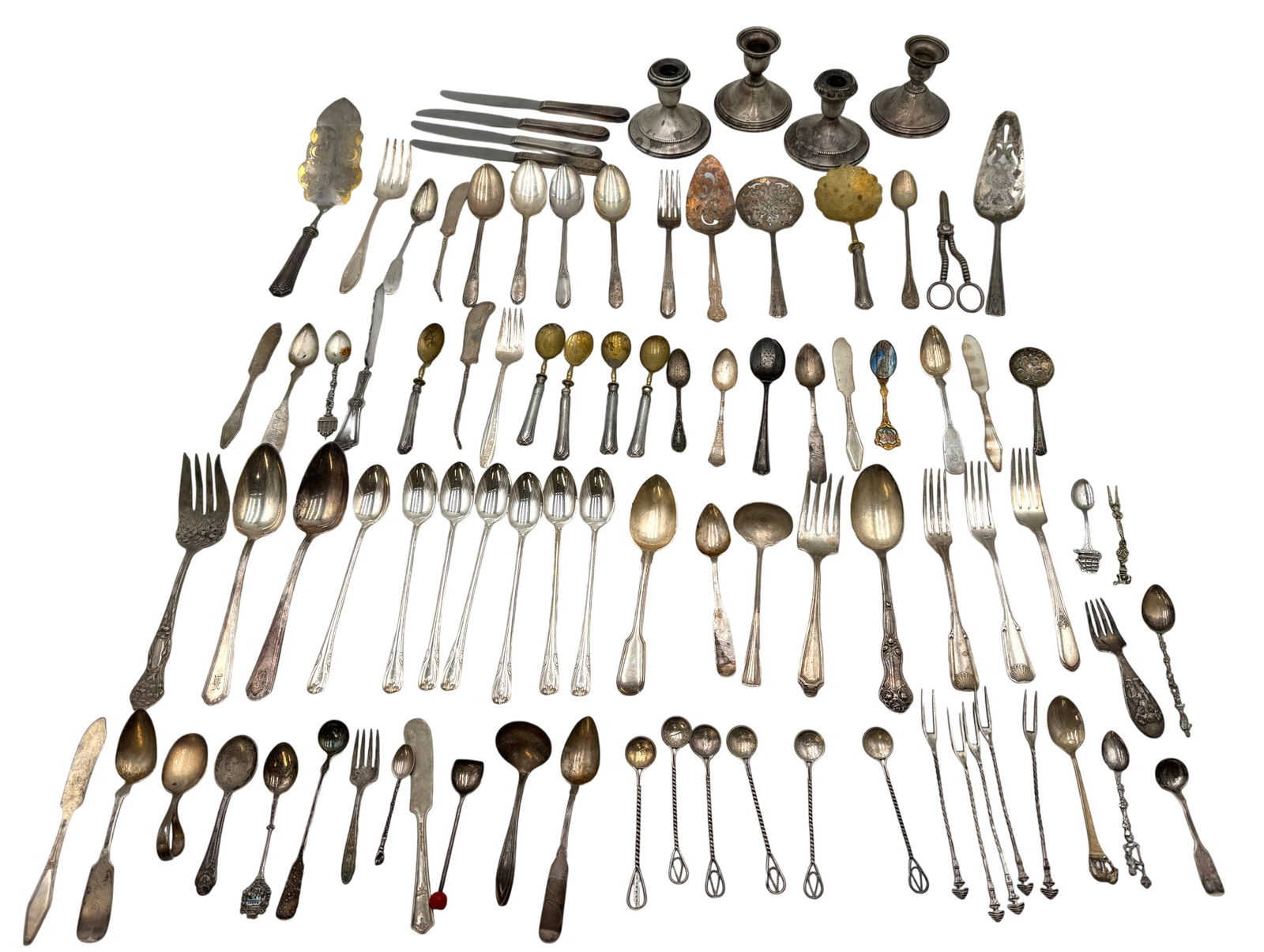 Collection of Silverplated Flatware and Sterling Weighted Candlesticks (1 of 1)