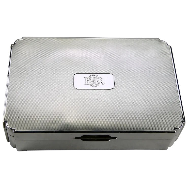 Sterling Silver Wood-Lined Cigarette Keepsake Box Art Deco Style England c.1941 (1 of 5)