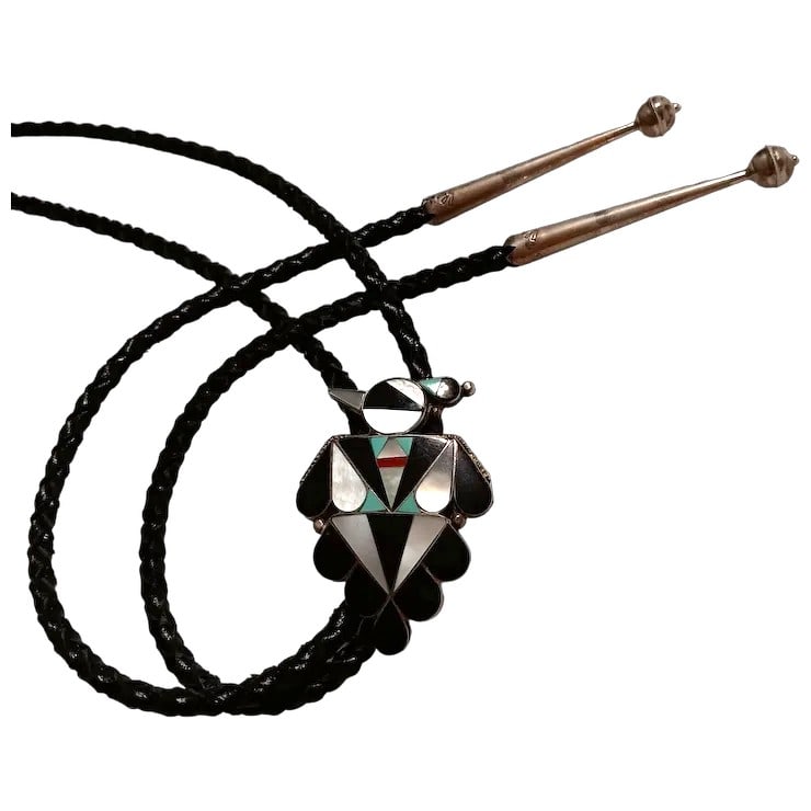 Zuni Thunderbird Bolo Tie Onyx MOP Coral Turquoise by A Begay (1 of 3)