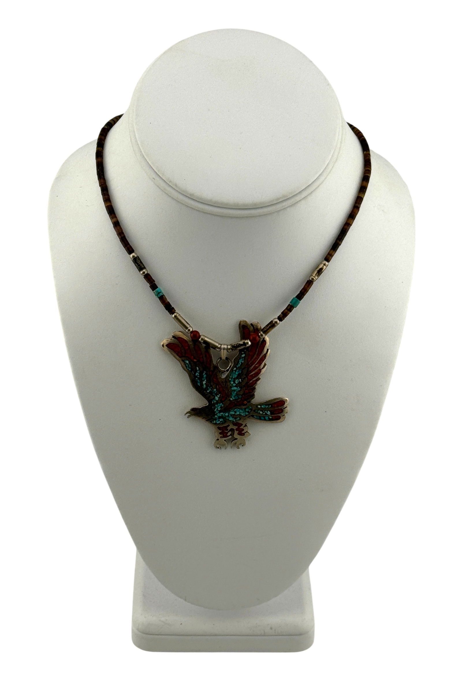 Native American Zuni Beaded Necklace with Sterling Silver Turquoise and Coral Inlay Eagle Pendant (1 of 4)