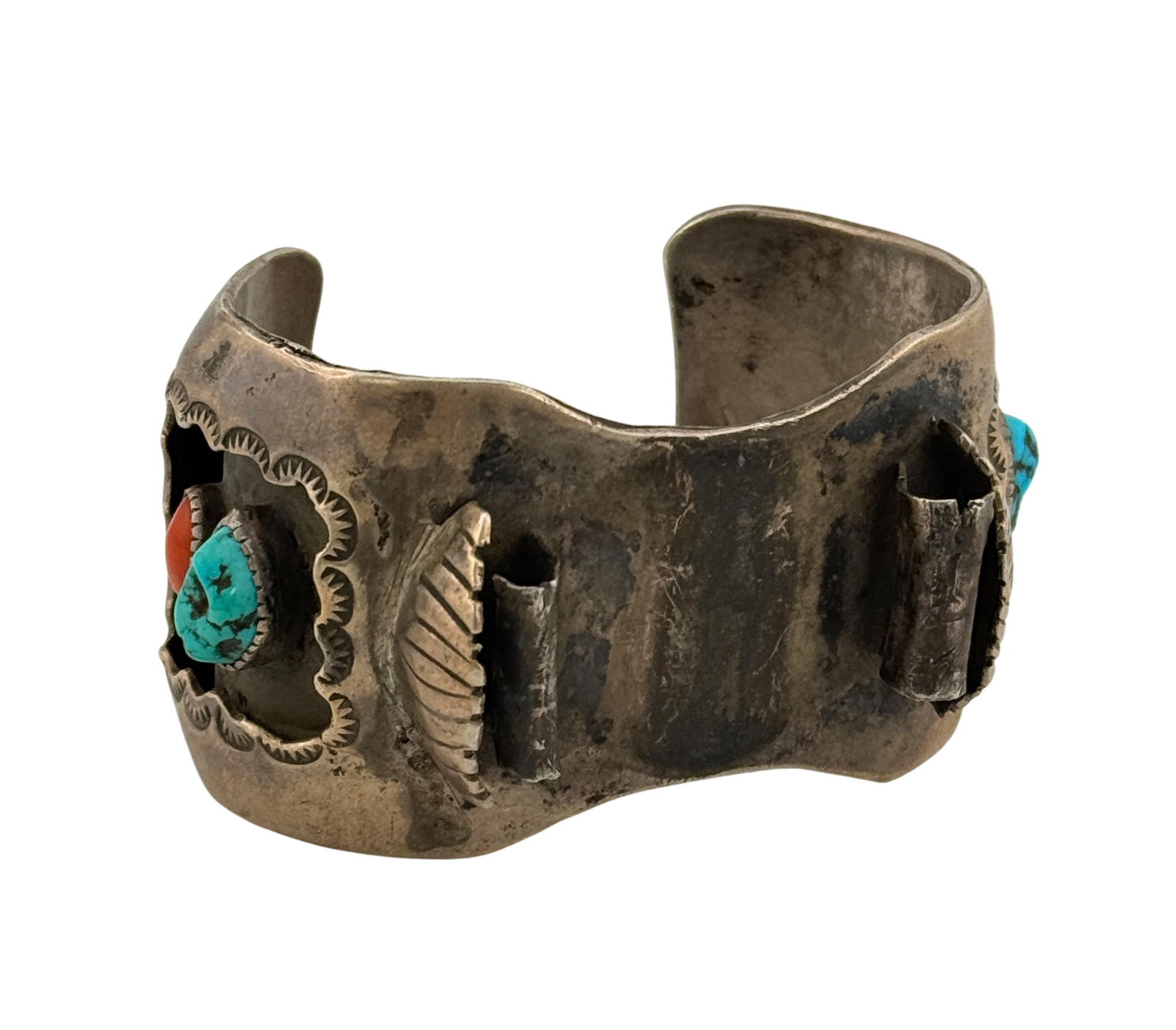Native American Navajo Sterling Silver Turquoise and Coral Watch Cuff Bracelet (1 of 4)