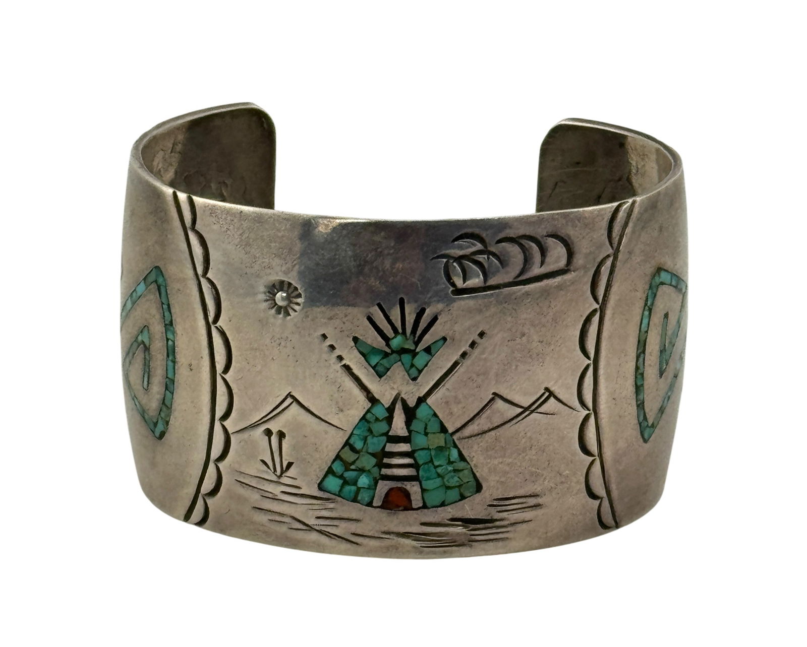 Native American Navajo Sterling Silver Turquoise Inlay Teepee Cuff Bracelet (1 of 4)