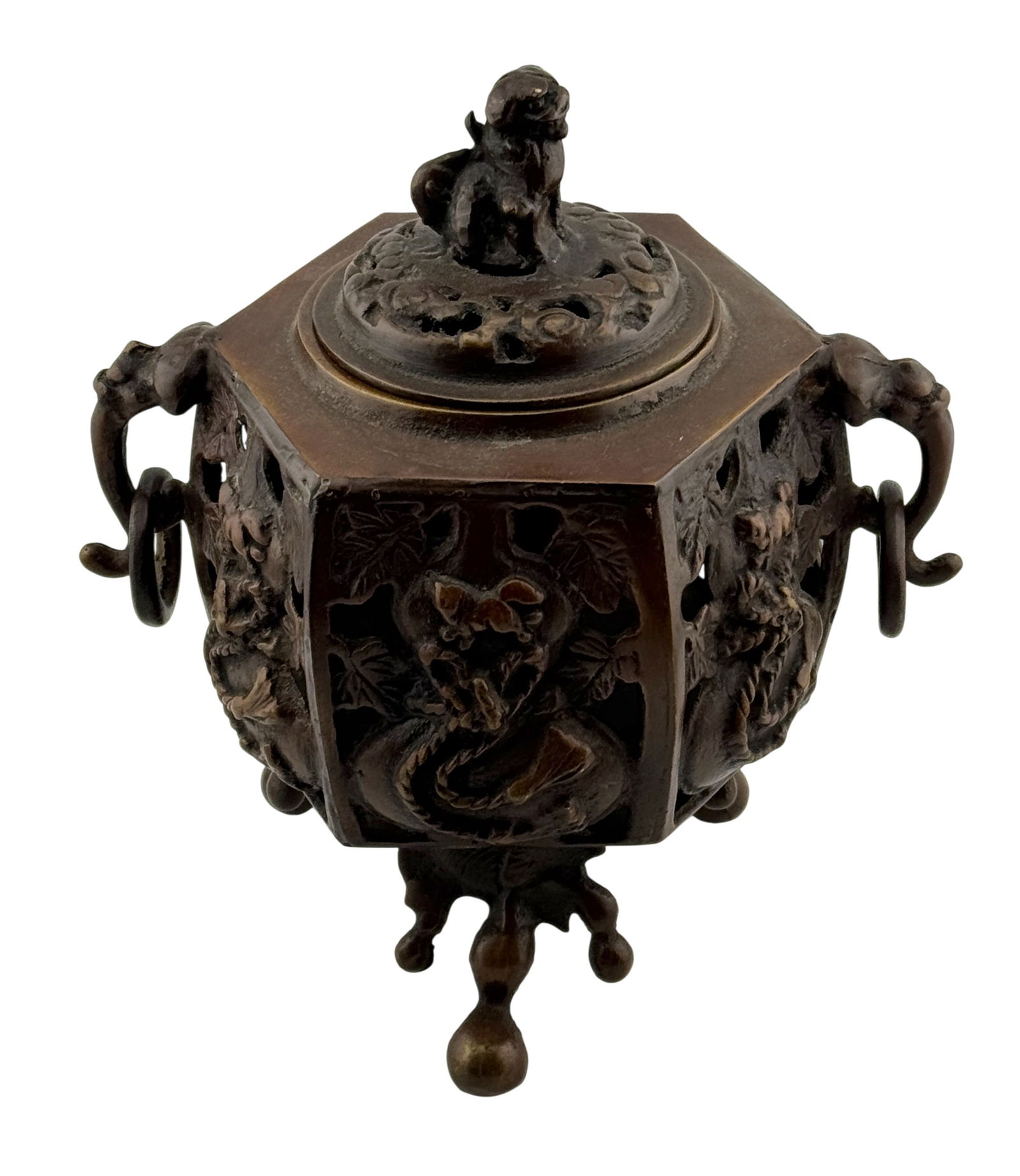 Vintage Japanese Bronze Incense Burner Koro: Vintage Japanese Bronze Incense Burner Koro with Foo Fu Shishi Lion Dog Lid. Hexagonal Censer with Dragon Handles and Floral openwork. Dimension 7.5" x 7" x 5"