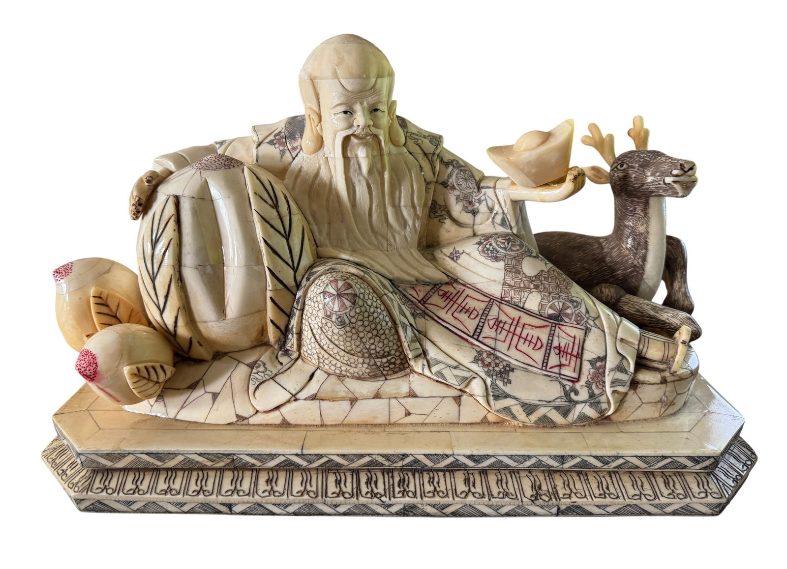Large Chinese Carved Ox-Bone Scuplture of Shou Lao/ Shou Xing with Deer (1 of 3)