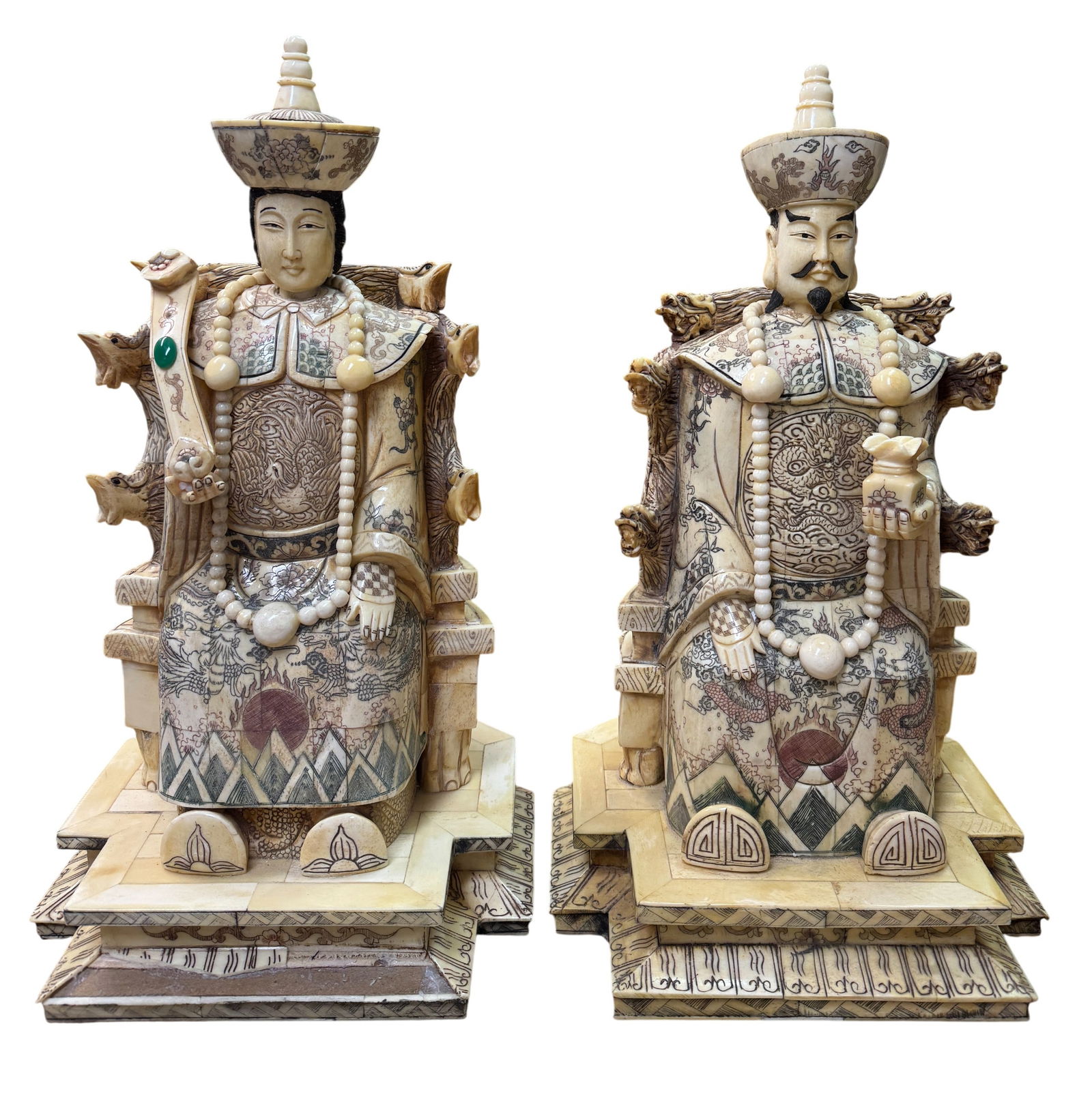 Chinese Carved Bone Emperor & Empress Sculptures (1 of 6)
