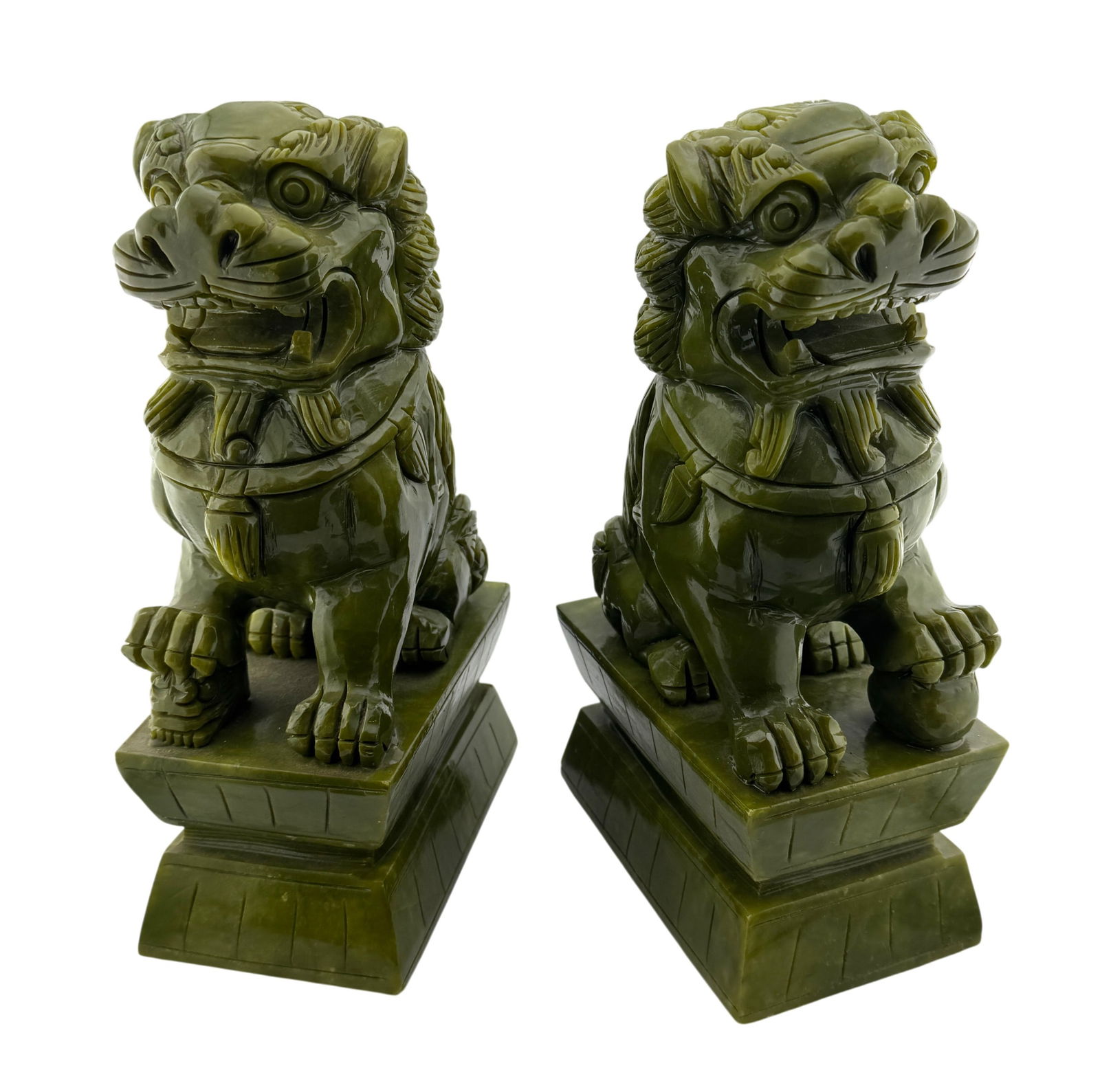 Pair of Hand Carved Dark Green Hard Stone Foo Dog Statues (1 of 3)