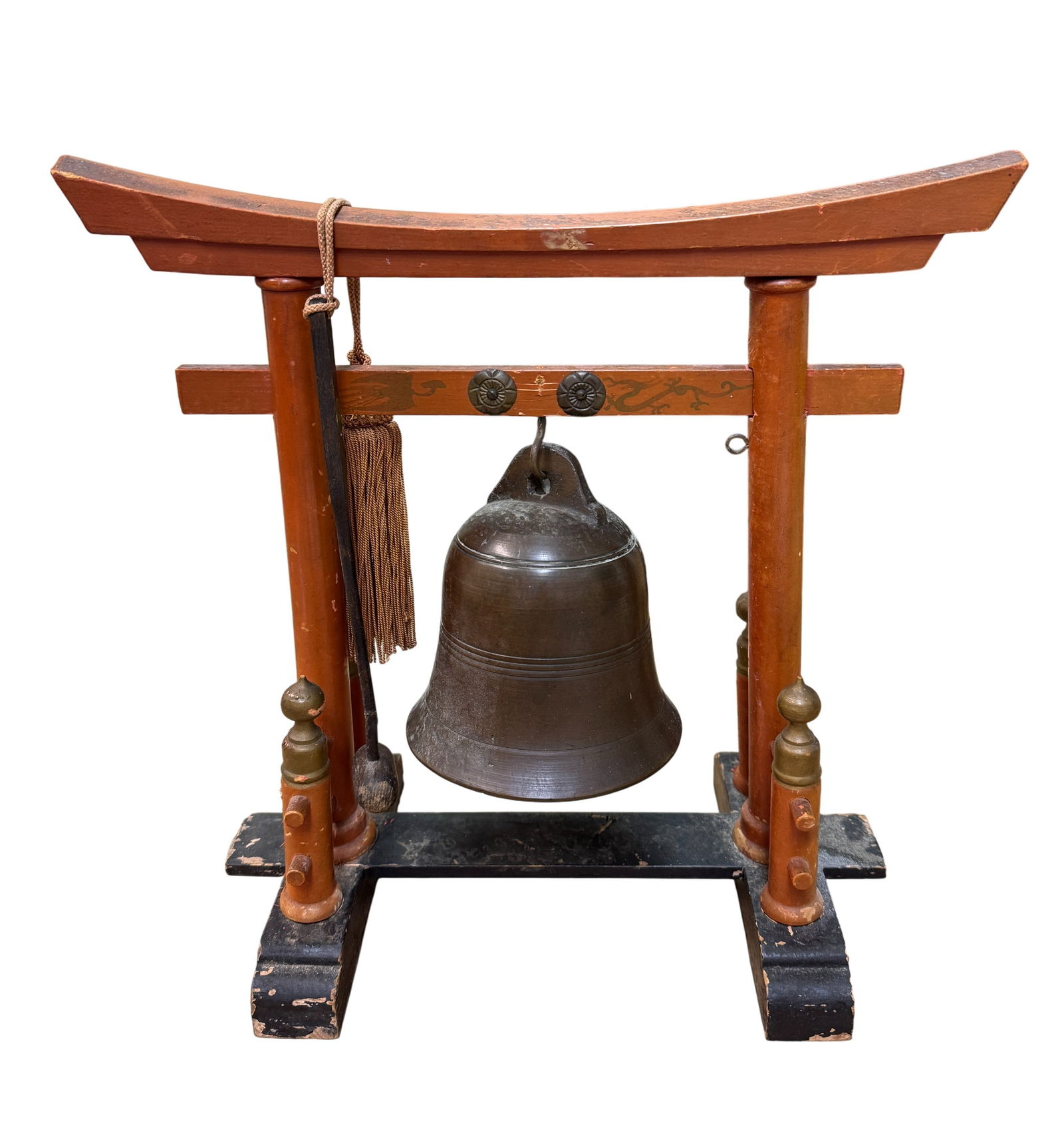 Vintage Japanese Torii Gate Bronze Temple Bell on Wood Stand (1 of 2)