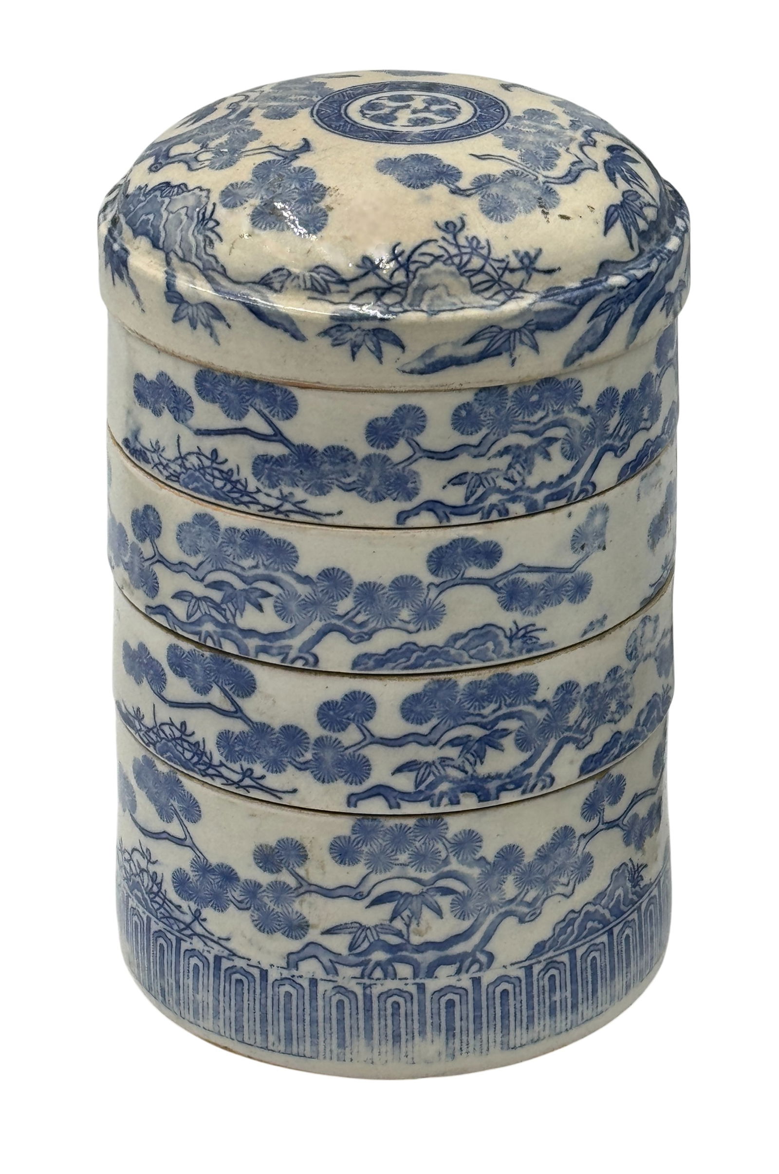 Antique Meiji Period Japanese Blue and White Porcelain Stacking Box Jubako (1 of 3)